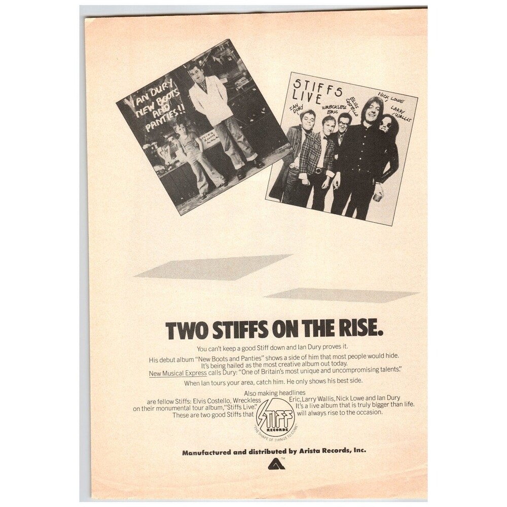 1978 Stiff Records Magazine Ad Ian Dury Elvis Costello Nick Lowe New Wave